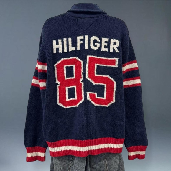 Tommy Hilfiger Varsity Knit Cardigan Sweater L Shawl Collar 85 Logo Preppy